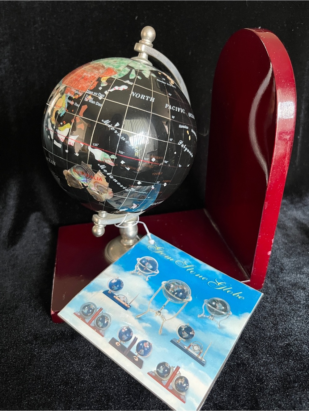 Onyx and Semi-Precious Gemstone Inlaid Globe Wood Bookend NWT